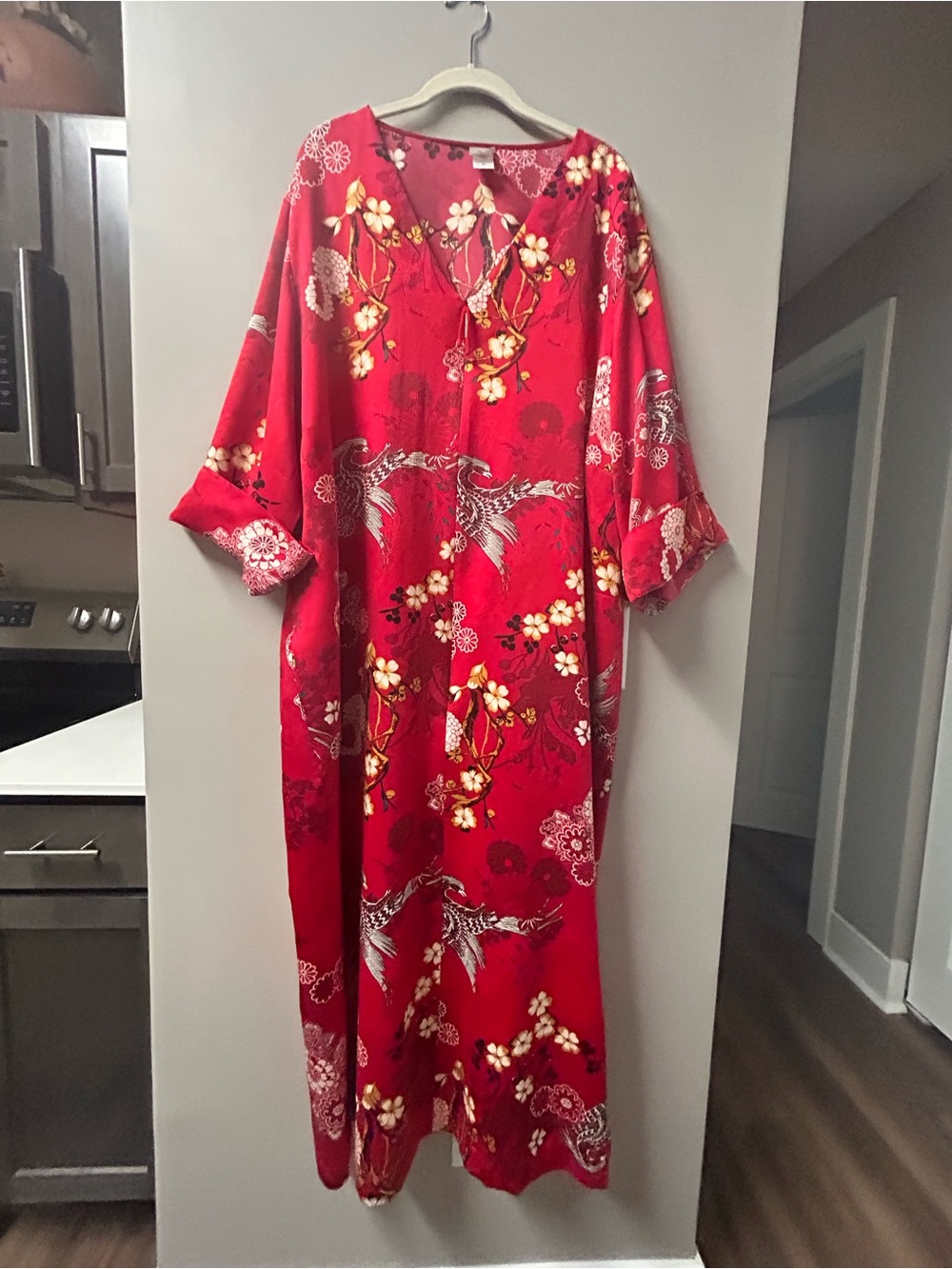 Natori Floral Half Zip Caftan Red 2X - Picture 5 of 15